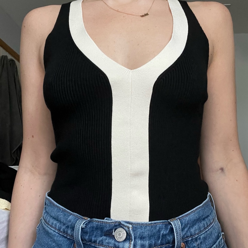 Express Black and White Ribbed Fitted Tank Top